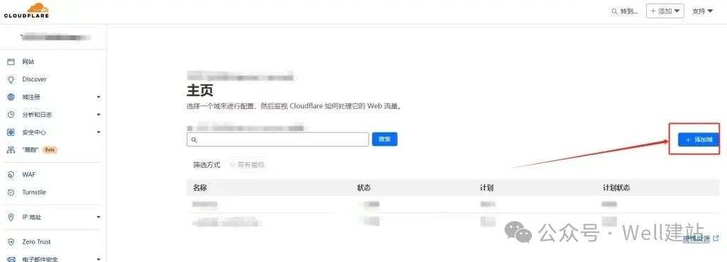 - Well建站 | 唯二建站 Cloudflare后台首页,添加域按钮